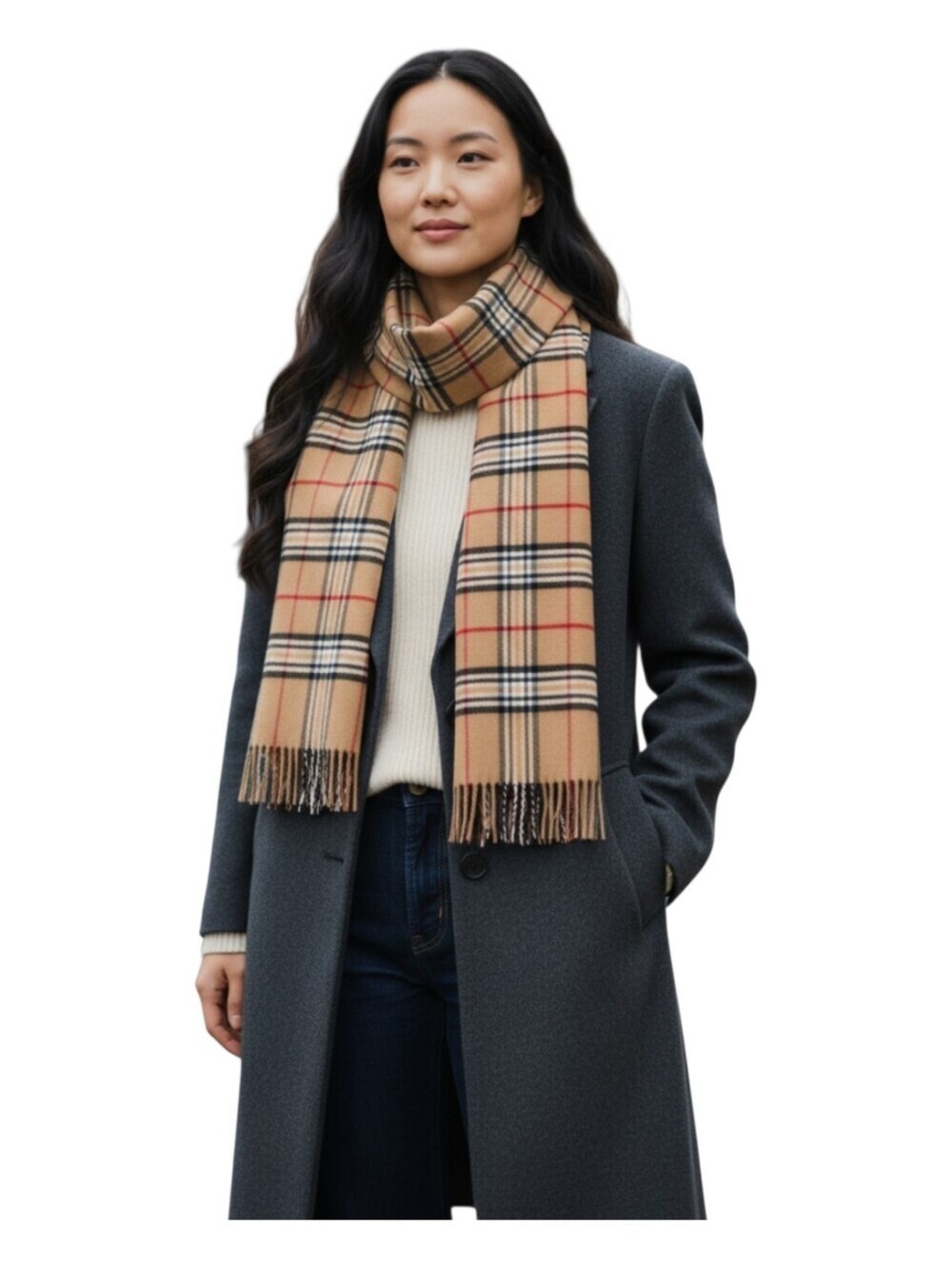 V Fraas Womens Tan Black Red Plaid Cashmink Luxury Fringe Scarf